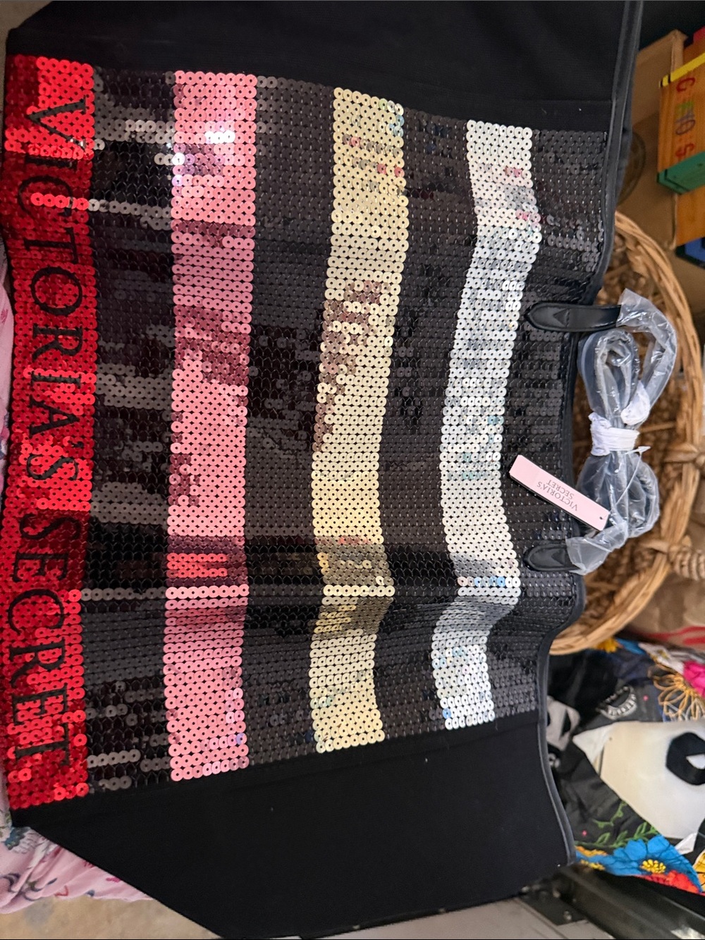 NWT Victoria's Secret Black Tote with Red, Pink, Gold & Silver Sequin Stripes